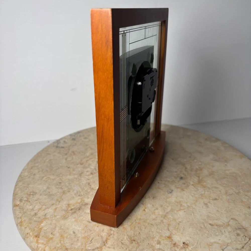 Bulova Frank Lloyd Wright Exhibition Table Clock Brown Wood Glass Mission FLAW